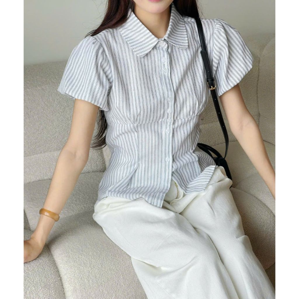Áo kiểu babydoll kẻ chiết eo  - Sam Botique