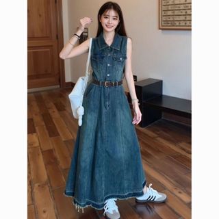Mùa hè Seckill Hạn Chế - Áo vest denim không tay và váy dài ôm eo phong cách Hồng Kông retro