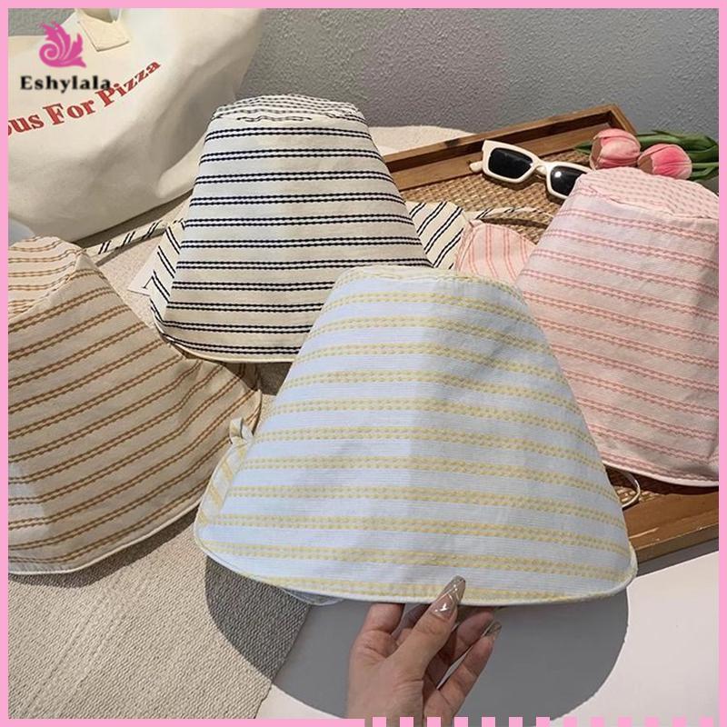 Mũ Beanie nữ phong cách Hàn Quốc, gấp gọn có dây cột, sọc kẻ, thích hợp đi biển