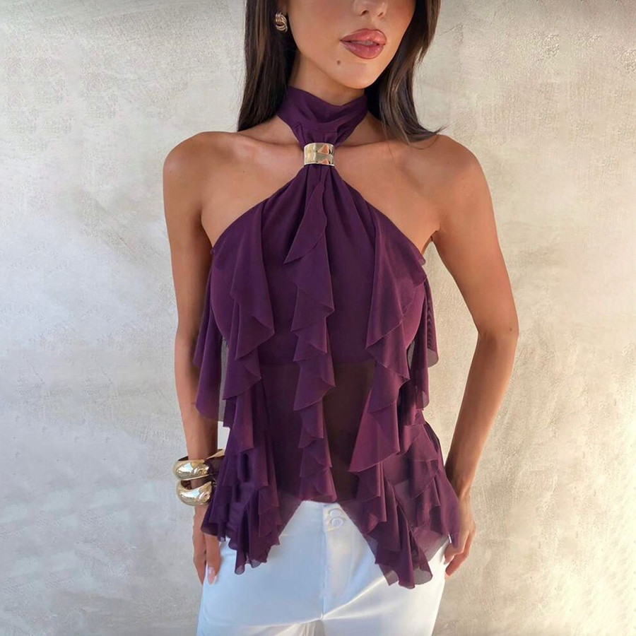 Croptop Vintage Màu Tím với Chi Tiết Bất Đối Xứng và Cổ Áo Xù