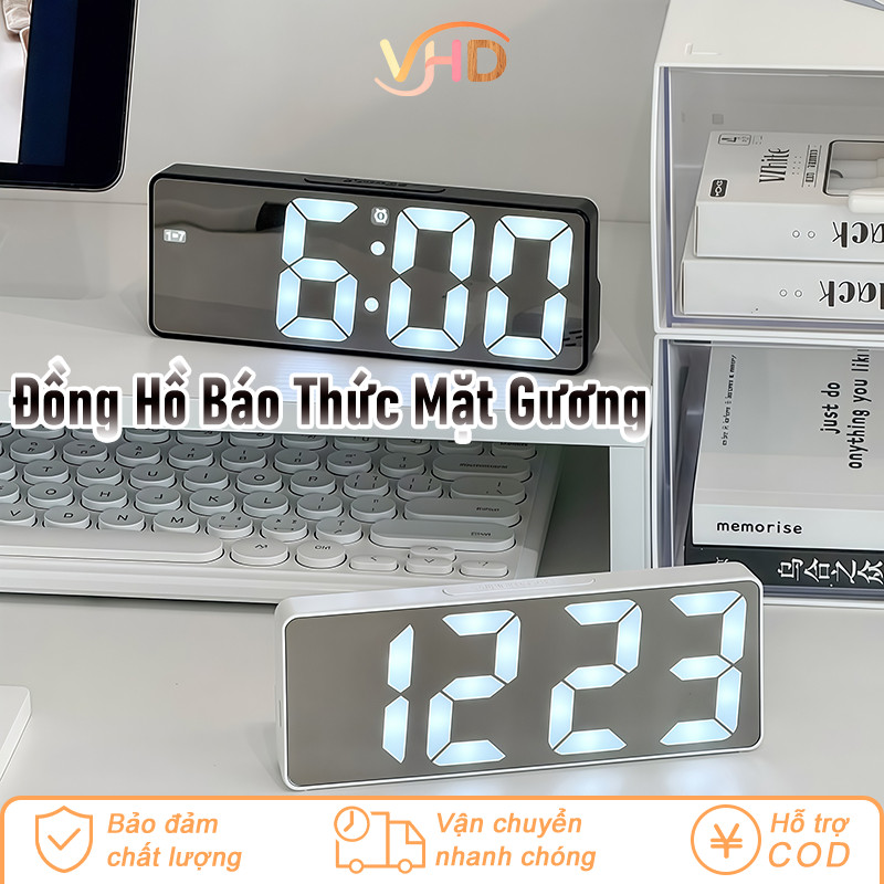Đồng Hồ Báo Thức Kỹ Thuật Số Mặt Gương Sang Trọng - Phong Cách Để Bàn Phòng Ngủ, Có Đèn LED & Âm Thanh