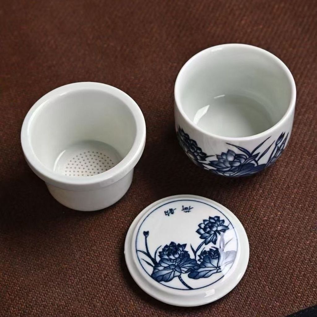 Xanh Trắng Gốm Sứ Nhỏ Cốc Trà Di Động Một Nồi Một Cốc Văn Phòng Một Người Uống Trà Nhanh Cốc Có Nắp Lọc