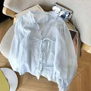 Voan Rời Cardigan Ngọt Ngào Chống Nắng Áo Sơ Mi Ren-Up Nơ Hàng Ngày Màu Trơn Nữ Mùa Hè Mỏng Nhỏ Phối Ren Hàng Đầu