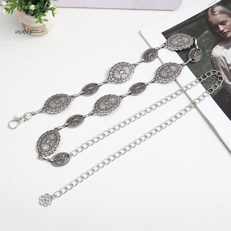 HNKMP Phong Cách Retro Nữ Dây Thắt Lưng Kim Loại Có Thể Điều Chỉnh Vòng Tròn Trang Trí Khắc Dây Xích Phụ Kiện Phong Cách Cao Cấp.