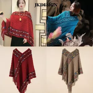 Áo Poncho Mông Cổ từ Cashmere, Khăn Choàng Tua Rua Sọc Hình Thoi Phong Cách Dân Tộc, Mềm Mại Ấm Áp