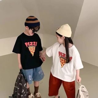 Áo thun cotton cho bé trai bé gái in chữ Pizza - áo tay ngắn form rộng phong cách Hàn Quốc mùa hè