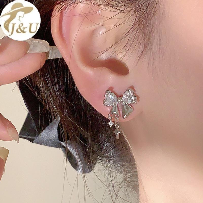 Cặp bông tai phong cách Hàn Quốc với nơ zircon và pha lê ngọt ngào, hợp thời trang dành cho nữ