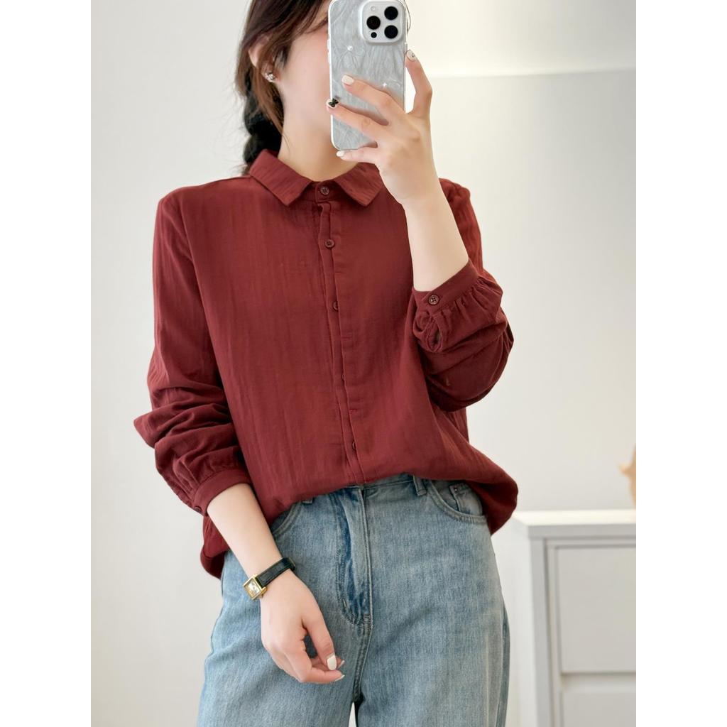 [Sẵn sàng] Áo sơ mi nữ 100% cotton chất lượng cao Áo sơ mi thêu nghệ thuật đơn giản Nút thắt dáng rộng cho bé Áo sơ mi đáy cotton