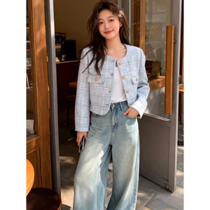 áo khoác dạ tweed nữ hàn quốc cardigan mỏng nhẹ dễ thương áo khoác cardigan nữ xinh pháp xanh tay dài thu đông sang chảnh