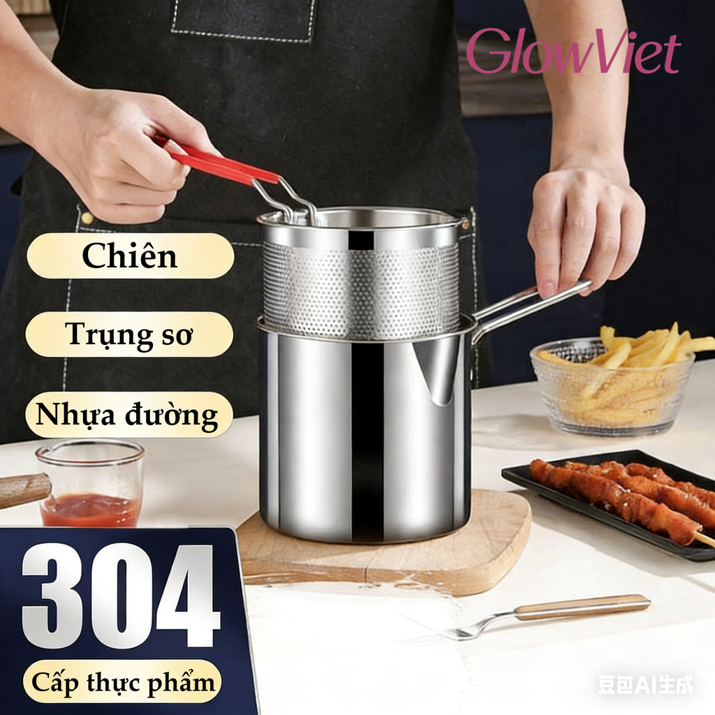 Nồi chiên ngập dầu inox 304, Kèm lưới lọc tiết kiệm dầu, Dung Tích 1200ml, An toàn cho bếp gas và bếp từ