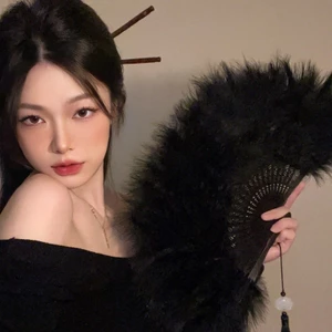 Phong Cách Trung Hoa Quạt Lông Vũ Đen Nữ Sườn Xám Sàn Diễn Quạt Gấp Phong Cách Cổ Vũ Hanfu Sang Trọng Trang Trí Giáng Sinh 2026.1.7