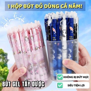 Bút mực xoá được cho học sinh với phong cách cute - Hộp 20 bút mực nước ngòi 0.5mm xanh đen, thao tác bấm nhanh