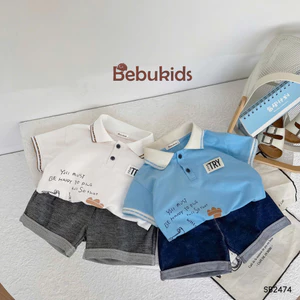 Bộ polo cộc tay Care Try Bebukids thiết kế bo tay dệt viền dành cho bé trai 8-21kg