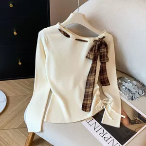 Thiết Kế Cảm Giác Đức Nhung Kẻ Sọc Khăn Lụa Khâu Dài Tay Áo Thun Nữ Thu Đông Phiên Bản Hàn Quốc Dây Rút Hẹp Mỏng Hơn Nhìn Top
