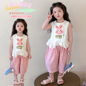 Bé Gái Hai Mảnh Thỏ Kiểm Tra Quần Chắp Vá Áo 80-150 Size NAK5