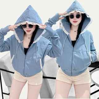 Áo Khoác Nhung Tăm Nữ Có Ren Nón & Túi, Dây Kéo Phao, Tay Xỏ Ngón, Form Chuẩn Giữ Ấm, Trẻ Trung