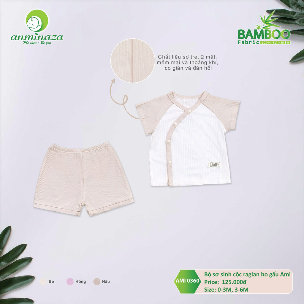 Bộ Sơ Sinh Cộc Tay Anminaza Vạt Chéo Vải Tăm Tre An Toàn Thấm Hút - Hàng Chính Hãng AMI0360