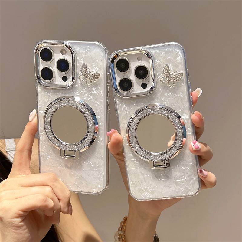 Ốp lưng iPhone nơ 3D có giá đỡ gương tròn phù hợp cho iPhone 17 Pro Max, iPhone 17 16 15 14 13 12 11