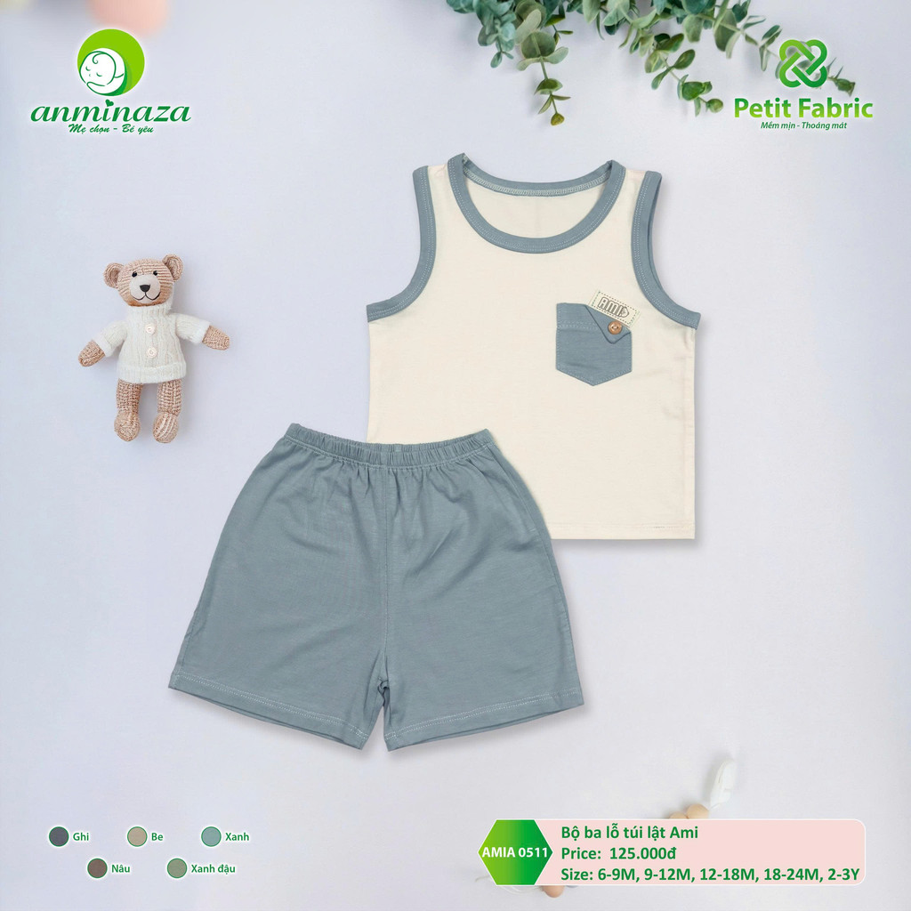 Bộ Ba Lỗ Túi Lật Bé Trai Anminaza Vải Sợi Petit Thoáng Mát Thấm Hút - Hàng Chính Hãng AMI0511