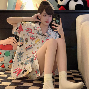 Bộ Đồ Ngủ Crayon Shin-Chan Áo Cardigan Nữ Hoạt Hình Dễ Thương Quần Short Tay Ngắn Hai Mảnh Loungewear Có Thể Mặc Bên Ngoài