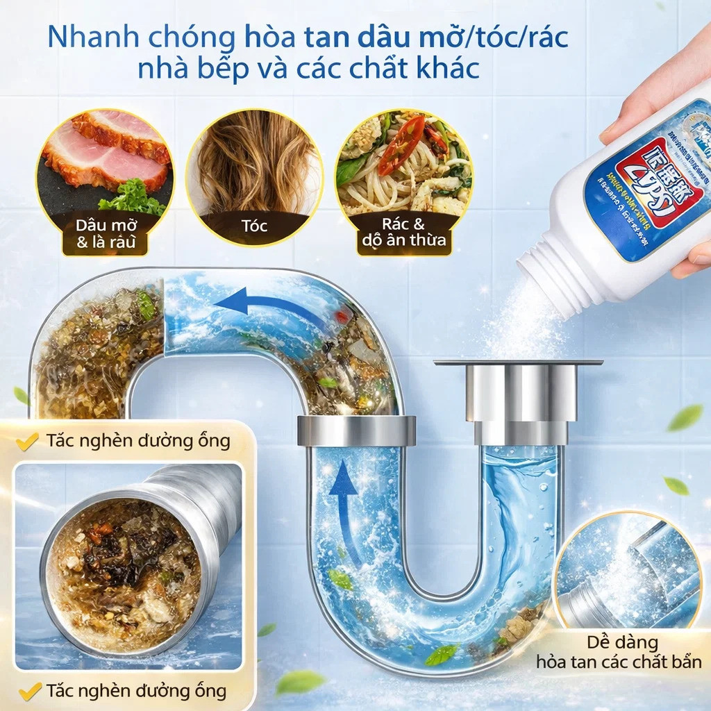 Ô - Nước Thông Tắcống Khử Mùi Cônghệ Nhật Phá Tan Tắc Nghẽn Tóc/Thức Ăn An Toàn Với Bồn Rửa Cống Nhà