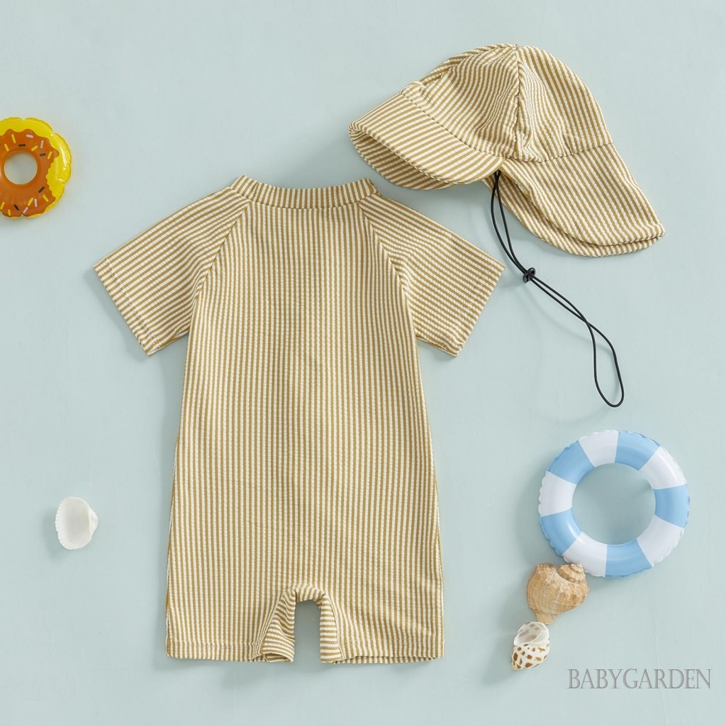 Tập Đi Bé Trai Sọc Đồ Bơi Tay Ngắn Nửa Dây Kéo Chống Đập Rash Guard Đồ Bơi Sunhat Bộ