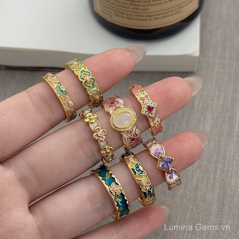 Nhẫn Xếp Chồng Màu Vàng Men, Phong Cách Cung Đình Retro và Modern Dopamine