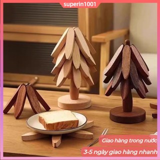(Giao hàng tại địa phương) Thảm cách nhiệt cây thông Noel màu quả óc chó bằng tre sáng tạo để sử dụng tại nhà Bộ bàn ăn và nồi
