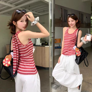 SUXI Áo hai dây sọc đỏ nhẹ nhàng dành cho nữ mùa hè mới 260302