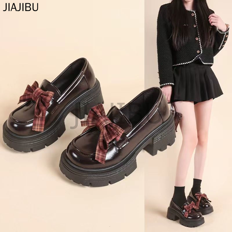 Giày Lười Nữ Phong Cách Retro Nhật Bản JK, Đa Năng, Kiểu Lolita Thắt Nơ, Chất Lượng Cao. Giày Da Cao Gót Đế Dày Màu Đen/nâu Mũi Tròn, Chống Trơn Trượt, Kiểu Dáng Nữ Sinh Anh Quốc Dành Cho Nữ Sinh. Korean Fashion Casual Platform Mary Jane Doll Shoes