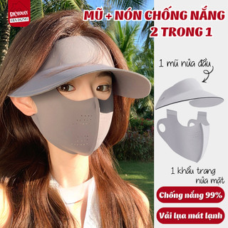 Mũ Chống Nắng Kèm Khẩu Trang Che Mặt Chống Tia UV Vải Lụa Mát Lạnh, Thoáng Khí Có Thể Tháo Rời