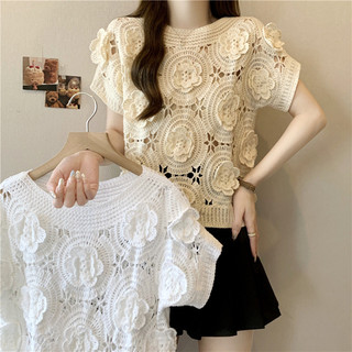 Áo len nữ cổ tròn họa tiết hoa 3D, kiểu slim-fit phù hợp mùa hè
