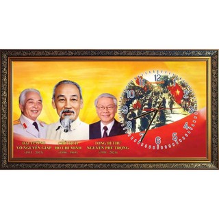 Tranh gắn đồng hồ 3 Bác 01 tráng gương đóng khung
