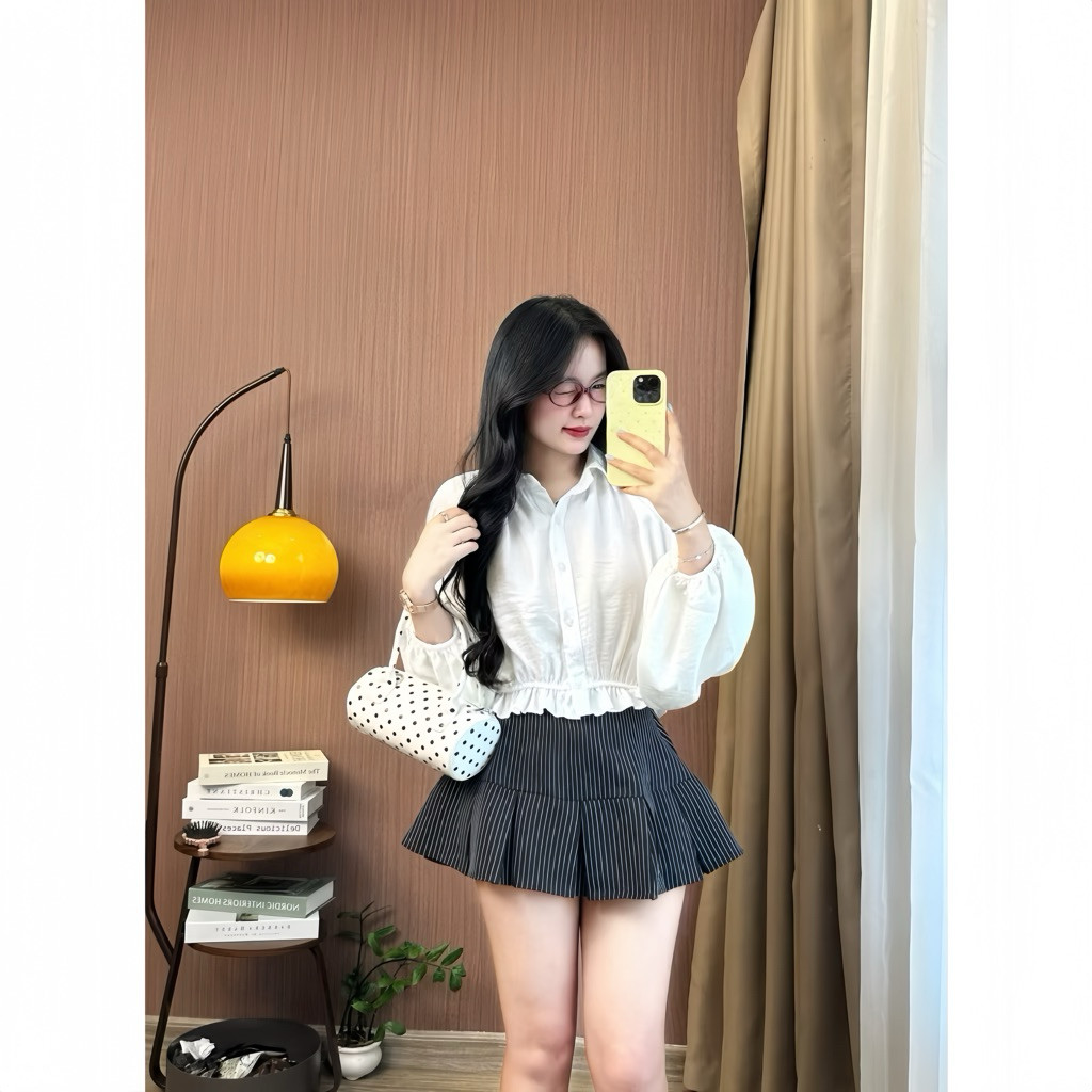 Áo Sơ Mi A154555 Dáng Croptop Tay Dài Bồng Chun Dưới Trẻ Trung Style Thu Đông_Lazy Có Bigsize