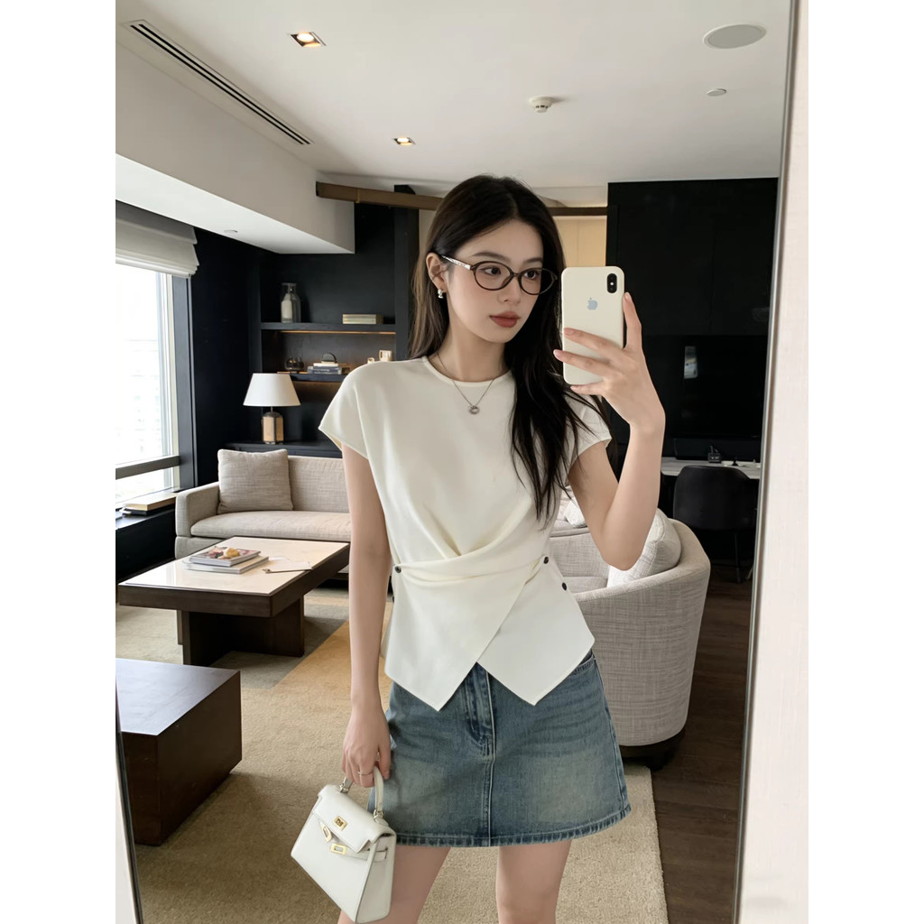 SUXI Áo thun ngắn tay phong cách Hàn Quốc sọc, phù hợp mùa hè 260316