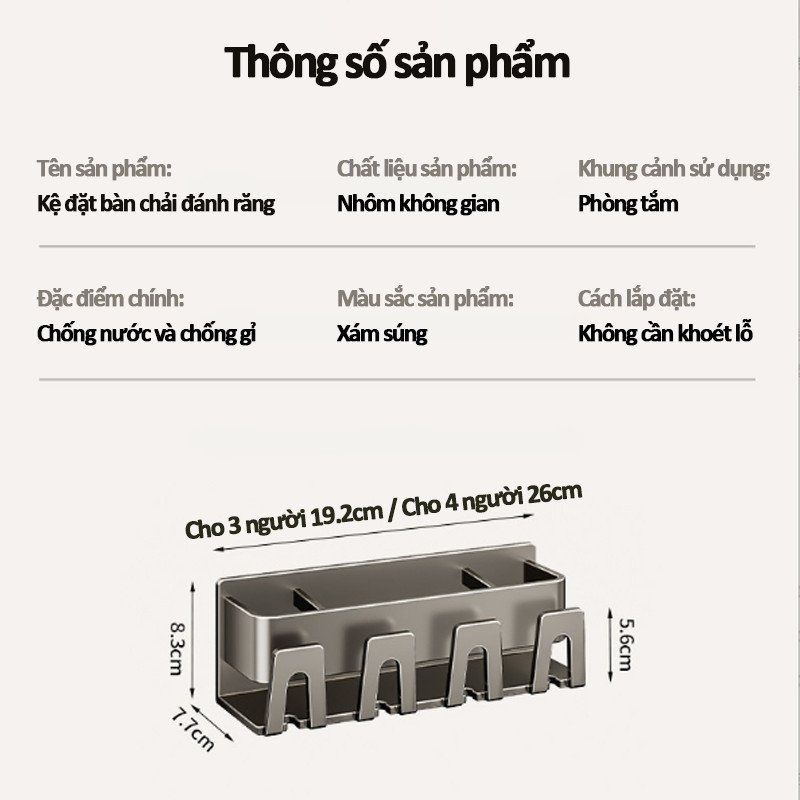 Kệ treo bàn chải đánh răng nhôm không gỉ dày dặn tiết kiệm không gian lắp dễ kèm cốc nhựa bộ 3 bộ 4