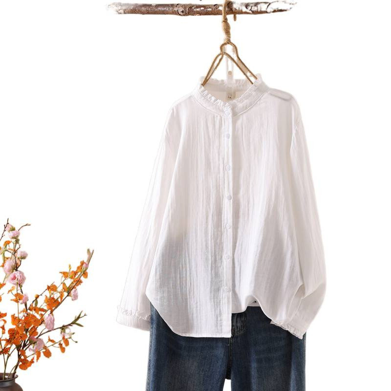 Áo sơ mi nữ 100% cotton cao cấp phong cách mùa xuân Wenyi, cổ áo cardigan ren đứng màu trơn