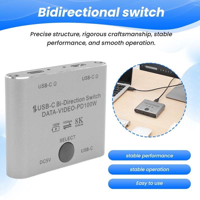 Bộ Chia Công Tắc Cho 2 Máy Tính Bi Định Hướng USB C KVM Switch 1 Trong 2 Ra Cho 8K @ 60Hz / 4K @ 144Hz Truyền Video 10Gbps