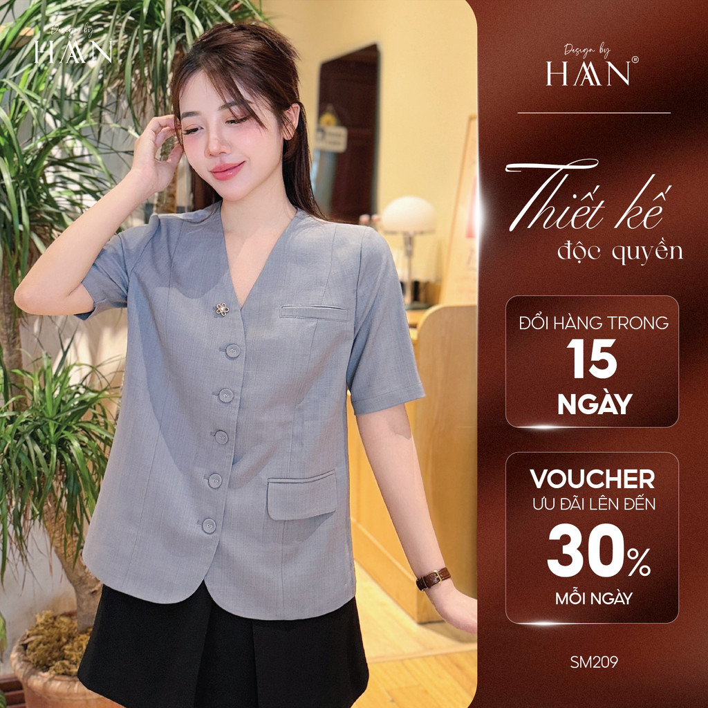 Áo Blazer Nữ Tay Ngắn Cổ Tim Cúc Bọc Chất Xước Ý Mềm Mát, Sơ Mi Nữ Công Sở HAAN Design SM209
