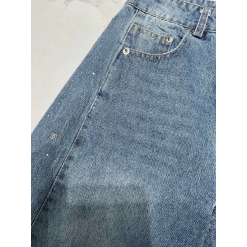 Quần jean Denim ống rộng viền kim cương cao mới dành cho nữ