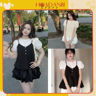 Set Yếm Chấm Bi Dáng Bí Phối Cúc Kèm Áo Tay Bồng Tiểu Thư, Set áo Chấm Bi Tiểu Thư