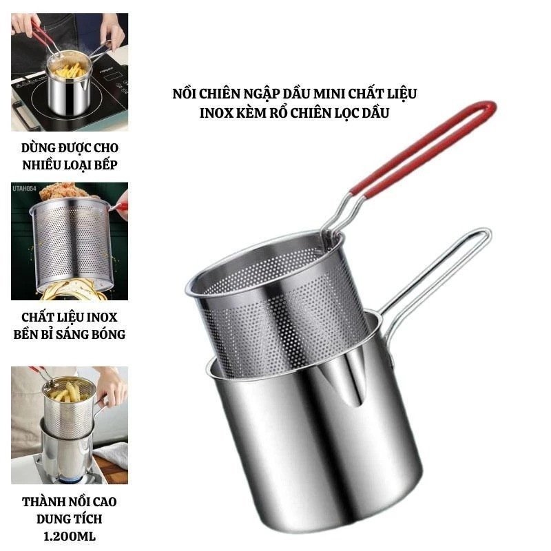 Nồi chiên ngập dầu thép không gỉ 304 an toàn sức khỏe tiết kiệm dầu phù hợp mọi bếp kèm rổ lọc kẹp
