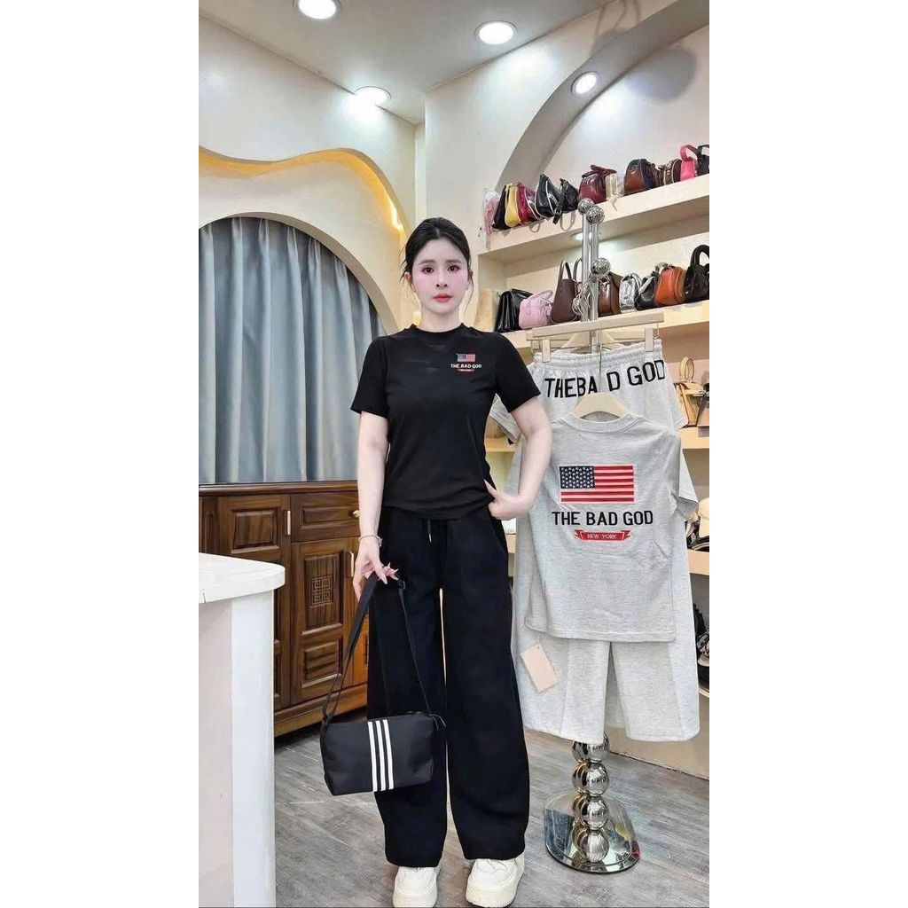 sét bộ đồ nữ da cá dáng dài + phối áo croptop tăm lạnh chữ -the bad god in ng ự c -cgang