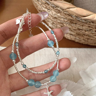 Lắc Tay Bạc S925 Đính Đá Xanh Dương Charm Sao Biển Dễ Thương Cho Mùa Hè