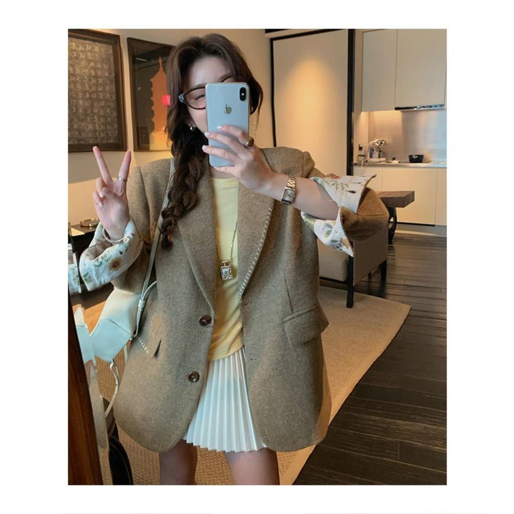 [ 26129 ]  Áo Blazer Nữ Form Rộng Phong Cách Hàn Quốc – Áo Khoác Vest Nữ Màu Nâu Tay Lót Hoa Vintage Cecelia