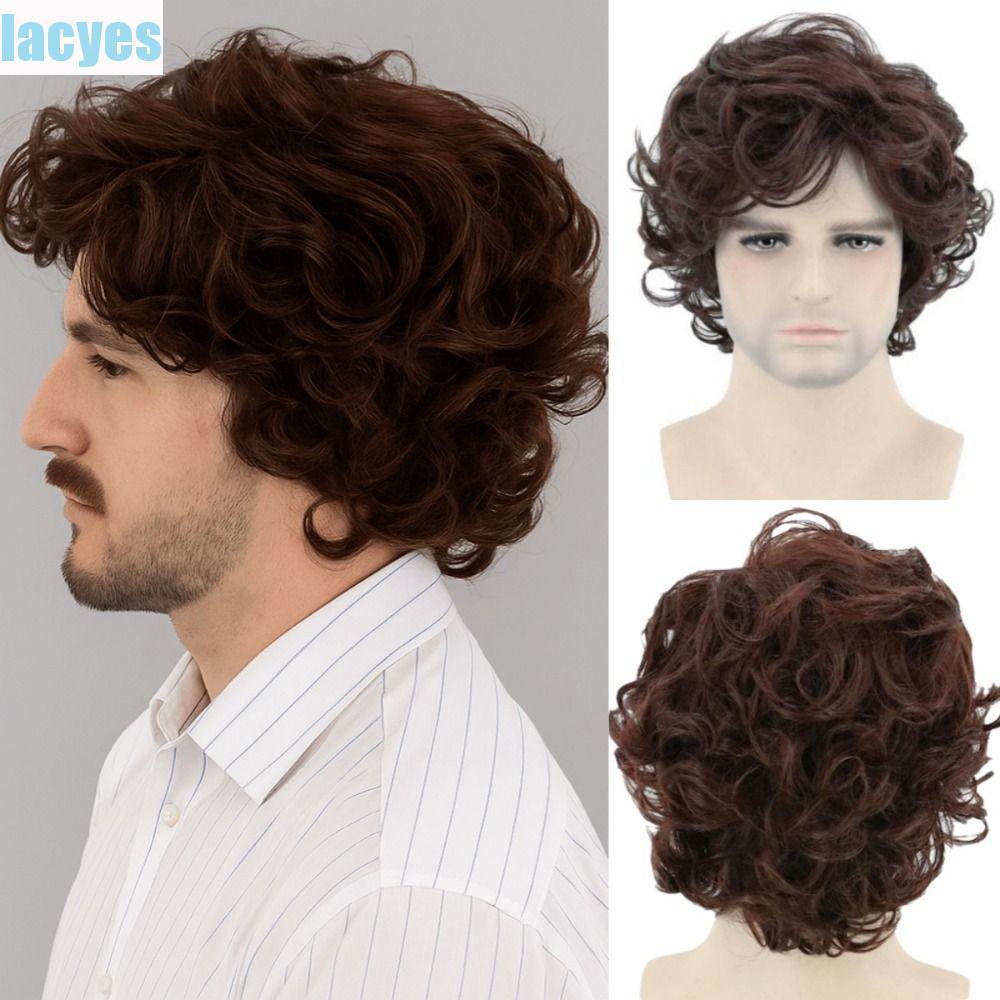 LACYES Tóc Giả Lớp Xoăn Ngắn, Nâu Lông Tơ Tổng Hợp Nam Tóc Giả, Đẹp Trai Tự Nhiên Toupee Thực Tế Halloween Cosplay Tóc Giả Nam Trẻ