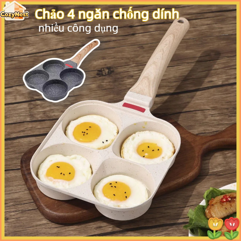 Chảo Chiên 4 Ngăn Chống Dính Cao Cấp Đa Năng - Tay Cầm Gỗ Chống Nóng, Dễ Vệ Sinh, Dùng Mọi Bếp