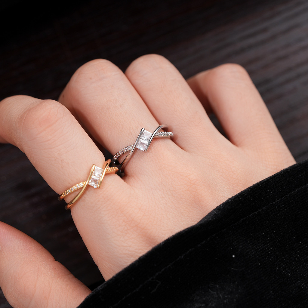 Nhẫn đeo chéo zirconia phong cách Hàn Quốc sang trọng, có thể điều chỉnh size, làm quà tặng độc đáo cho nữ