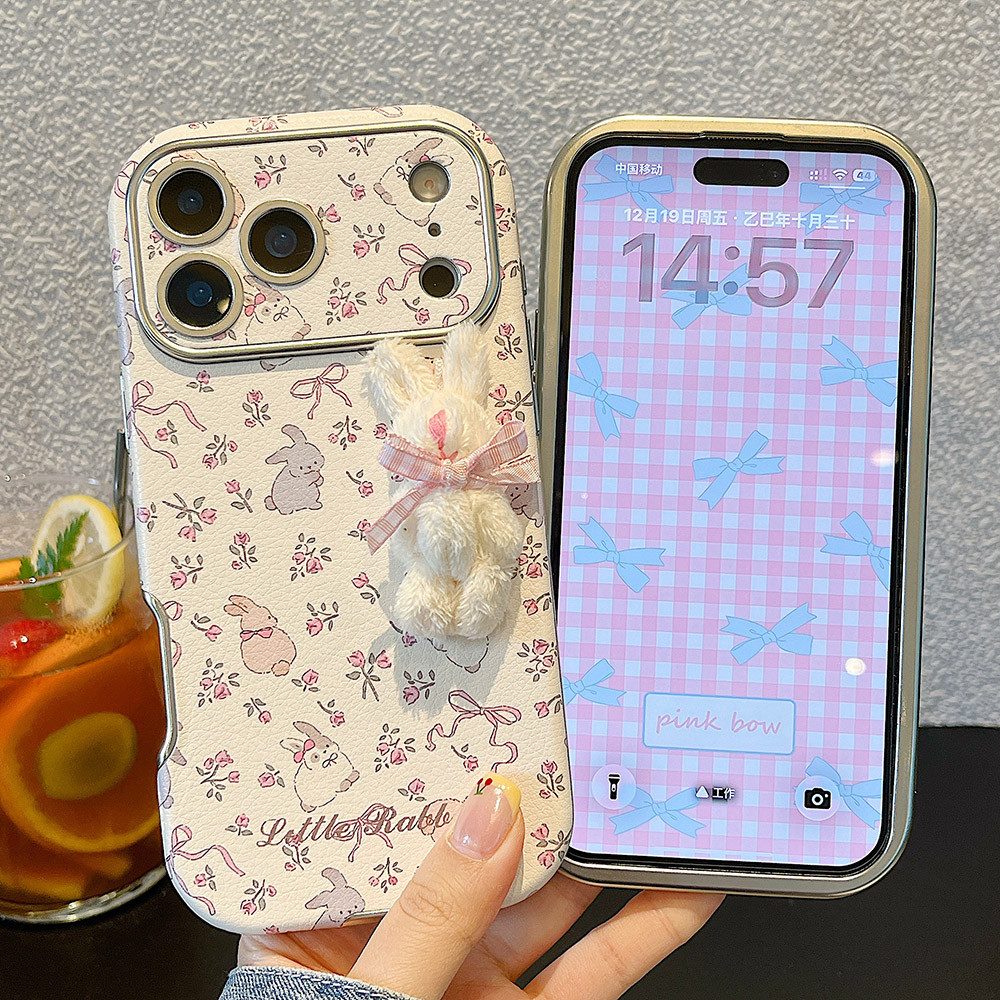 Ốp điện thoại da cửa sổ búp bê thỏ 3D cho iPhone 17 Pro Max 16 15 14 13 Vỏ bảo vệ chống sốc