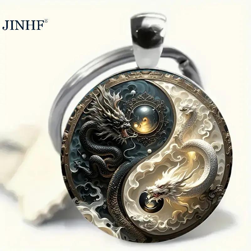 Móc khóa JINHF Yin Yang Dragon - Mặt dây chuyền hợp kim thời trang và thiết kế rồng trắng, hoàn hảo cho túi xách, Bapas và quà tặng độc đáo HOT